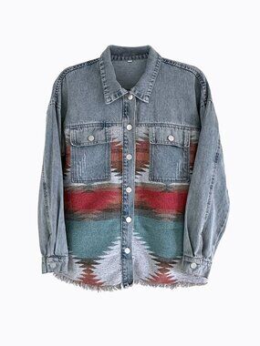 Aztec Geometric Jean Shacket L Button Down Western Boho Distressed Denim Jacket